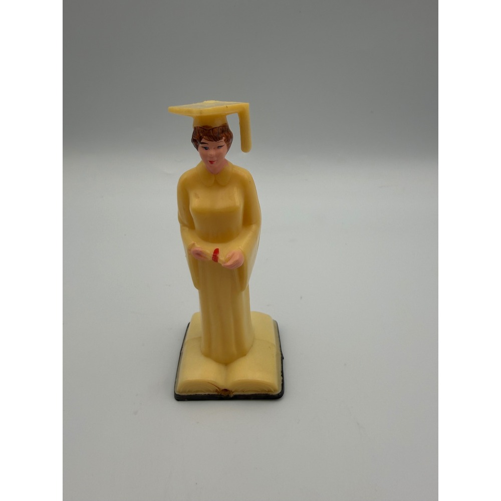 Vintage Yellow Plastic Female Graduate Figurine Cake Topper Hong Kong 4.5 Inch